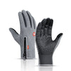 A pair of gray touchscreen gloves shown against a white background.