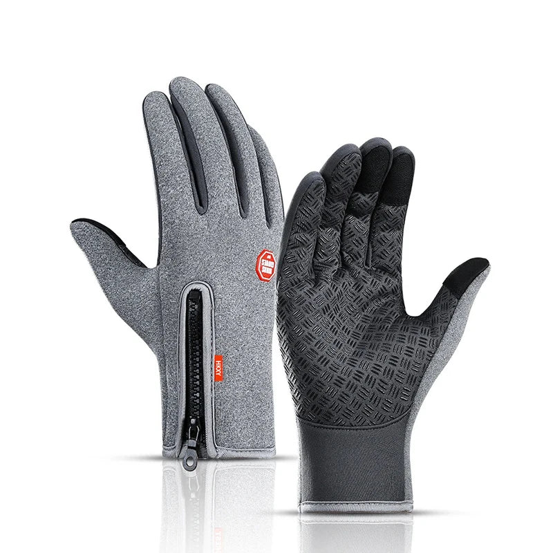 A pair of gray touchscreen gloves shown against a white background.