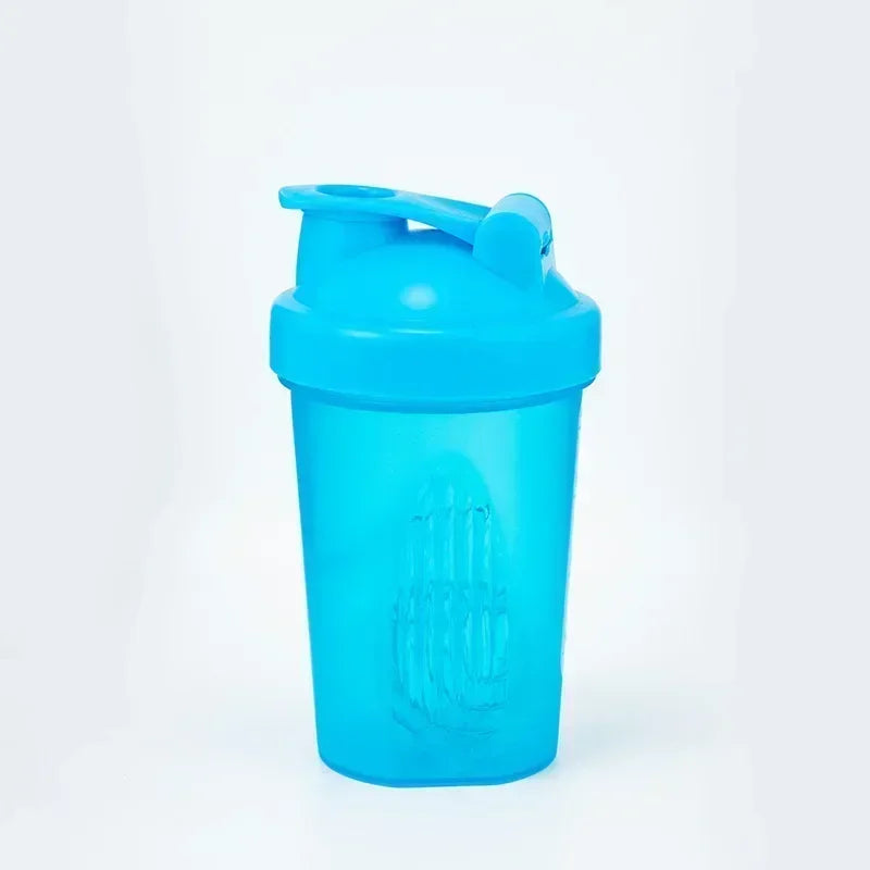 A bright blue leakproof protein shaker bottle with a hinged cap, shown against a white background.