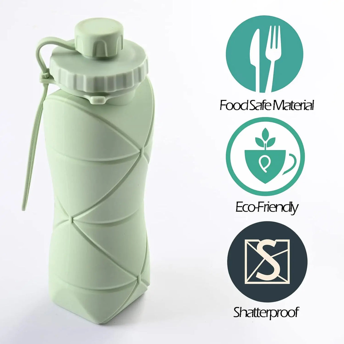 A light green collapsible silicone sports water bottle with a screw cap and a flexible carrying strap.