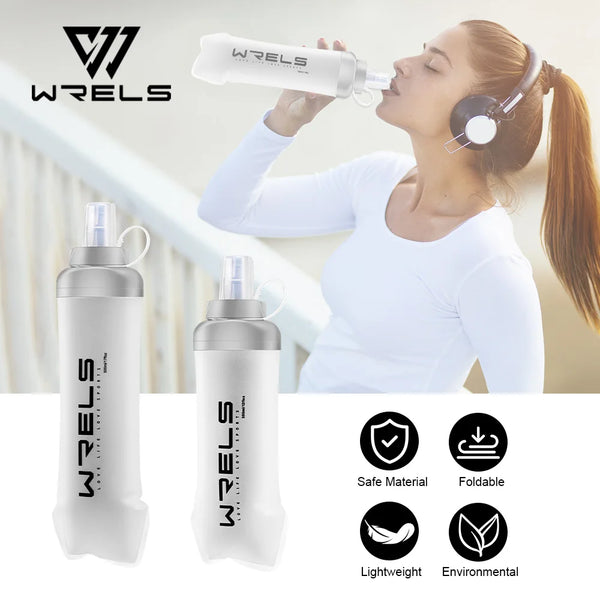 A woman is using a WRELS collapsible water bottle to drink, with the product shown in various forms and features.