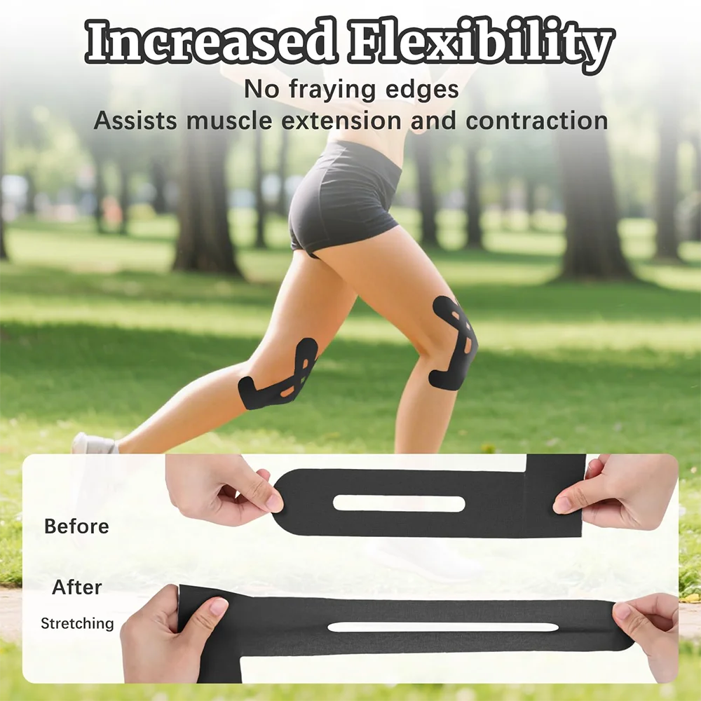 Demonstration of kinesiology tape used to assist muscle extension and contraction for knee pain relief.