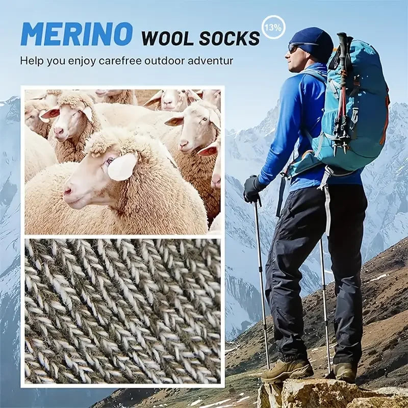 A man wearing blue outdoor gear stands on a mountain with a backpack, next to sheep and a close-up of merino wool socks.