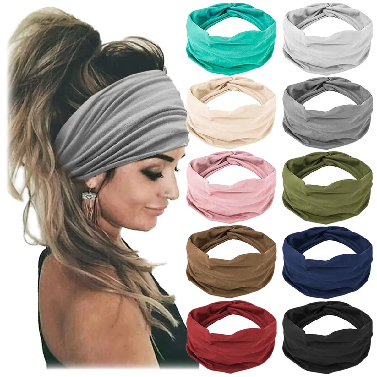 Una colección de diademas de tela en gris, rosa, verde oliva, beige y azul marino en el cabello de una mujer.