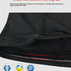 Close-up of black compression knee pads showing a red seam and silicone non-slip bar detail.