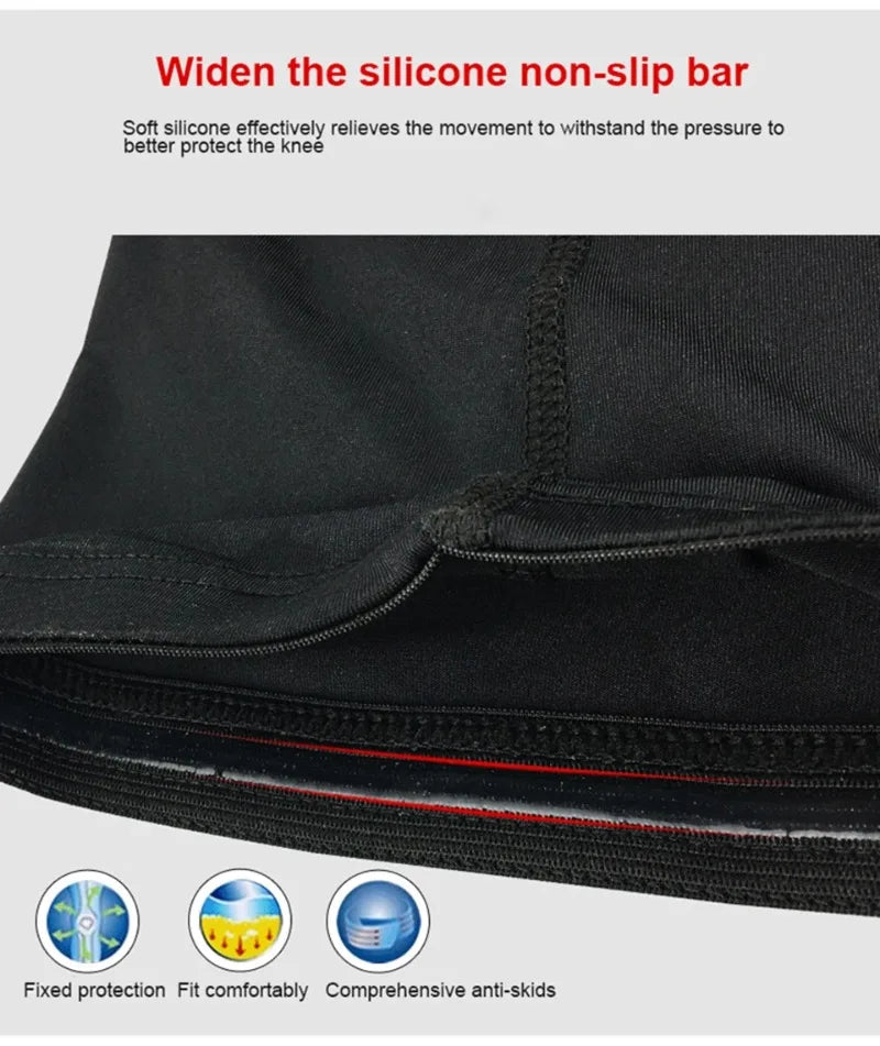 Close-up of black compression knee pads showing a red seam and silicone non-slip bar detail.