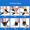 Six steps demonstrating how to put on an ankle support compression sleeve for pain relief