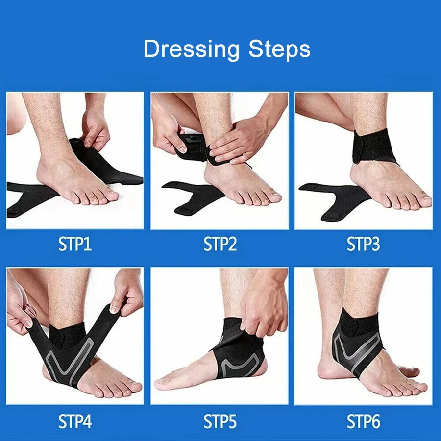 Six steps demonstrating how to put on an ankle support compression sleeve for pain relief