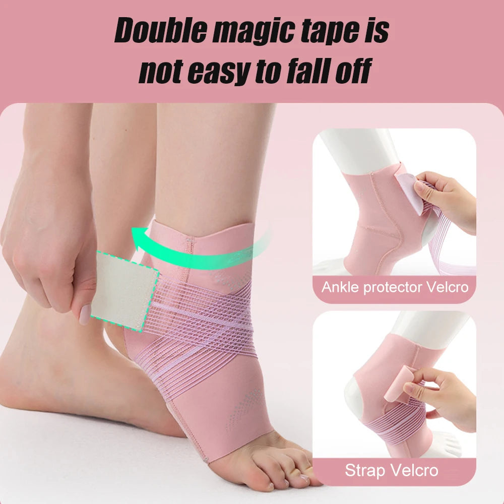 Pink ankle protector brace with double magic tape and Velcro straps shown on a foot.
