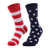 A pair of red, white, and blue striped flag socks with a star pattern design.