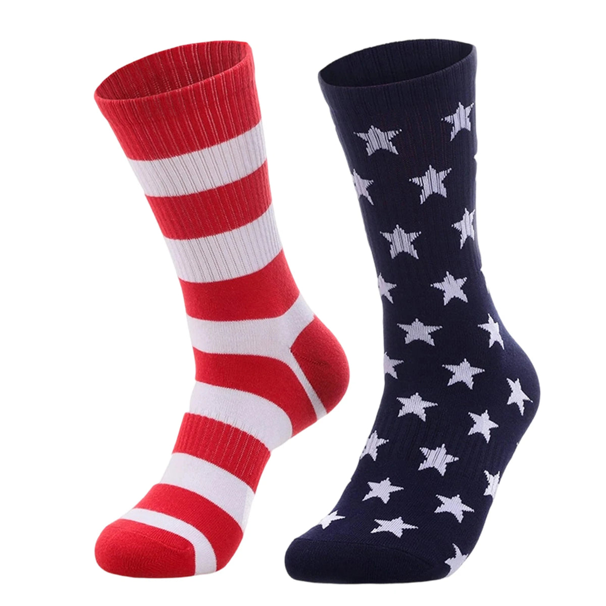 A pair of red, white, and blue striped flag socks with a star pattern design.