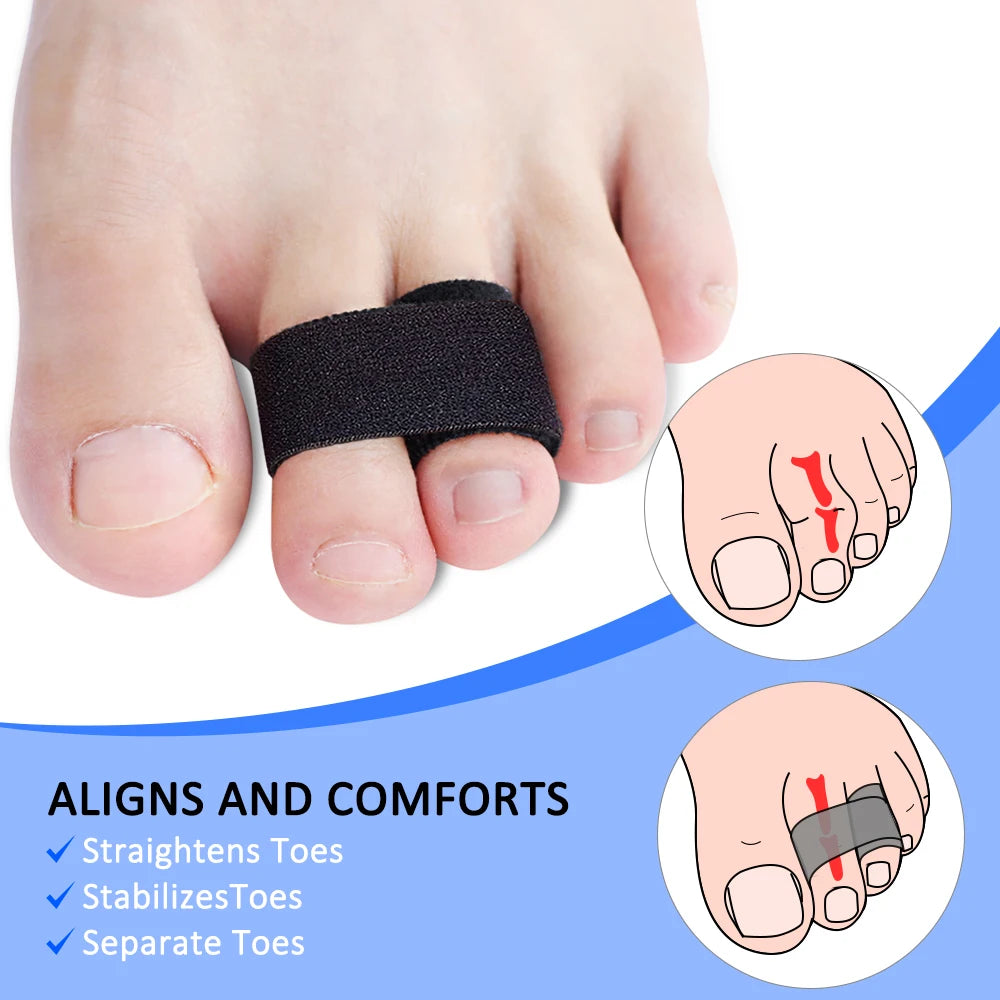 A hand shows an orthopedic toe wrap designed to align, stabilize, and separate toes.