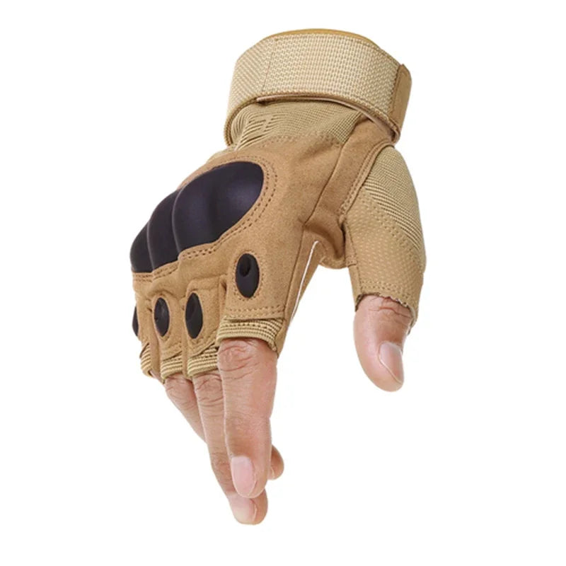 A pair of tan tactical gloves with black palm accents shown on a hand.