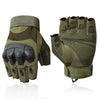 A pair of olive green tactical five-finger gloves shown in a close-up view.
