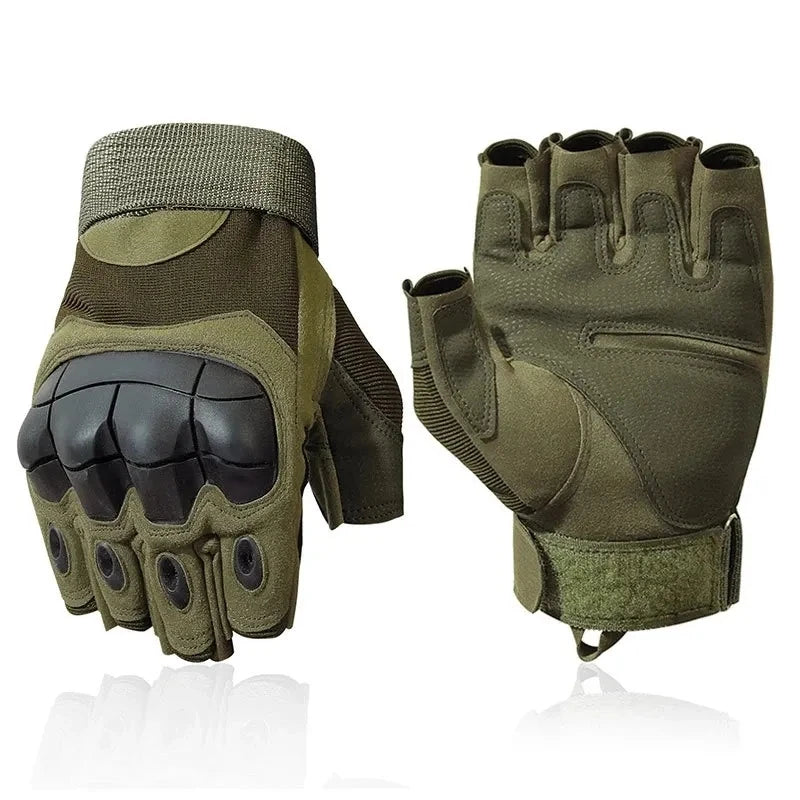 A pair of olive green tactical five-finger gloves shown in a close-up view.