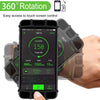 A black fitness tracker is shown attached to a smartphone using a 360 degree rotating strap for easy screen control.