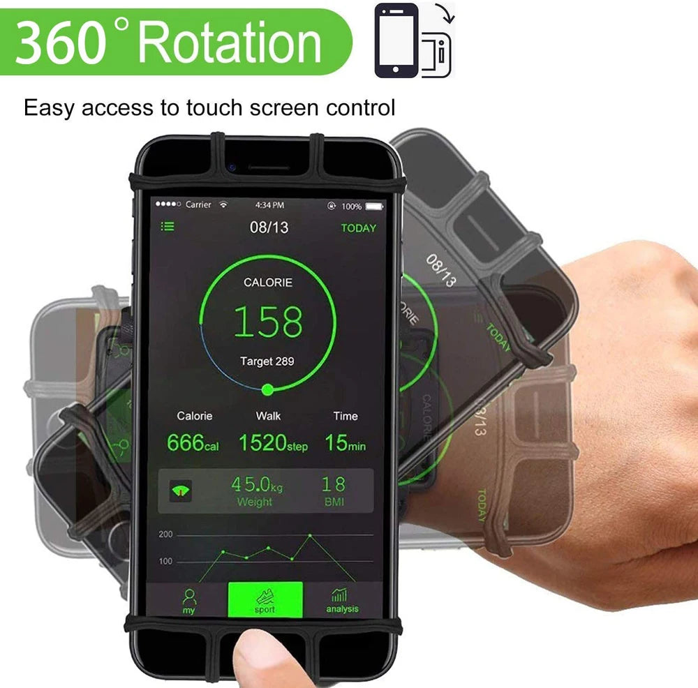 A black fitness tracker is shown attached to a smartphone using a 360 degree rotating strap for easy screen control.