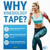 A smiling woman demonstrates the use of kinesiology tape on her body during movement.