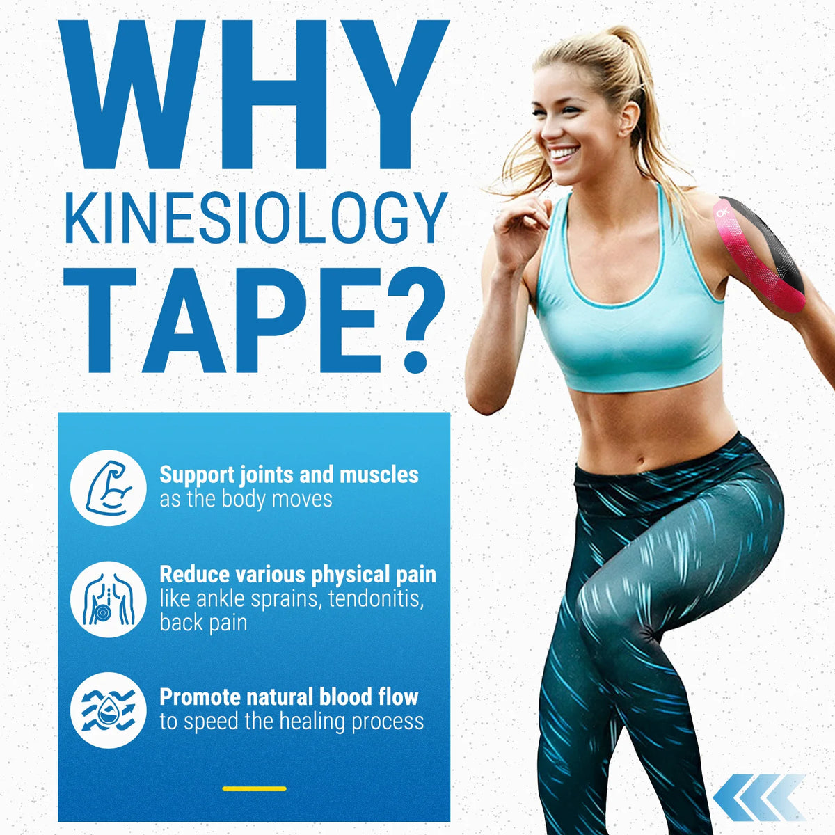 A smiling woman demonstrates the use of kinesiology tape on her body during movement.