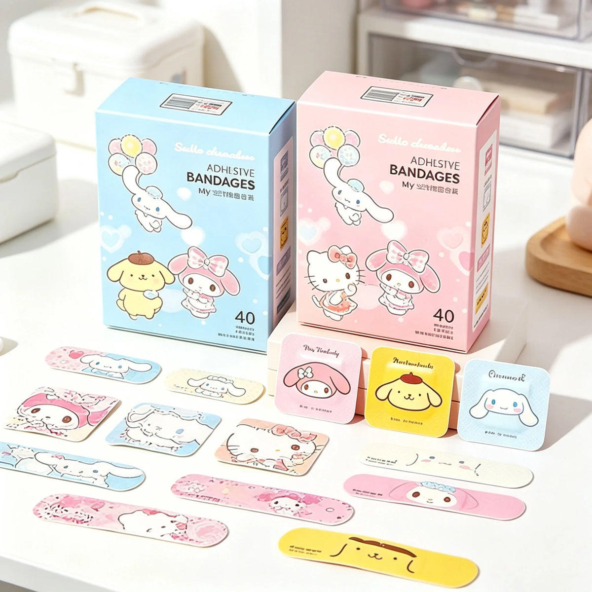 Una colección de vendas adhesivas de estilo kawaii, rosas y amarillas, en varias formas y tamaños, mostradas sobre una superf