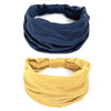 A pair of non-slip elastic headbands, one navy blue and one mustard yellow.