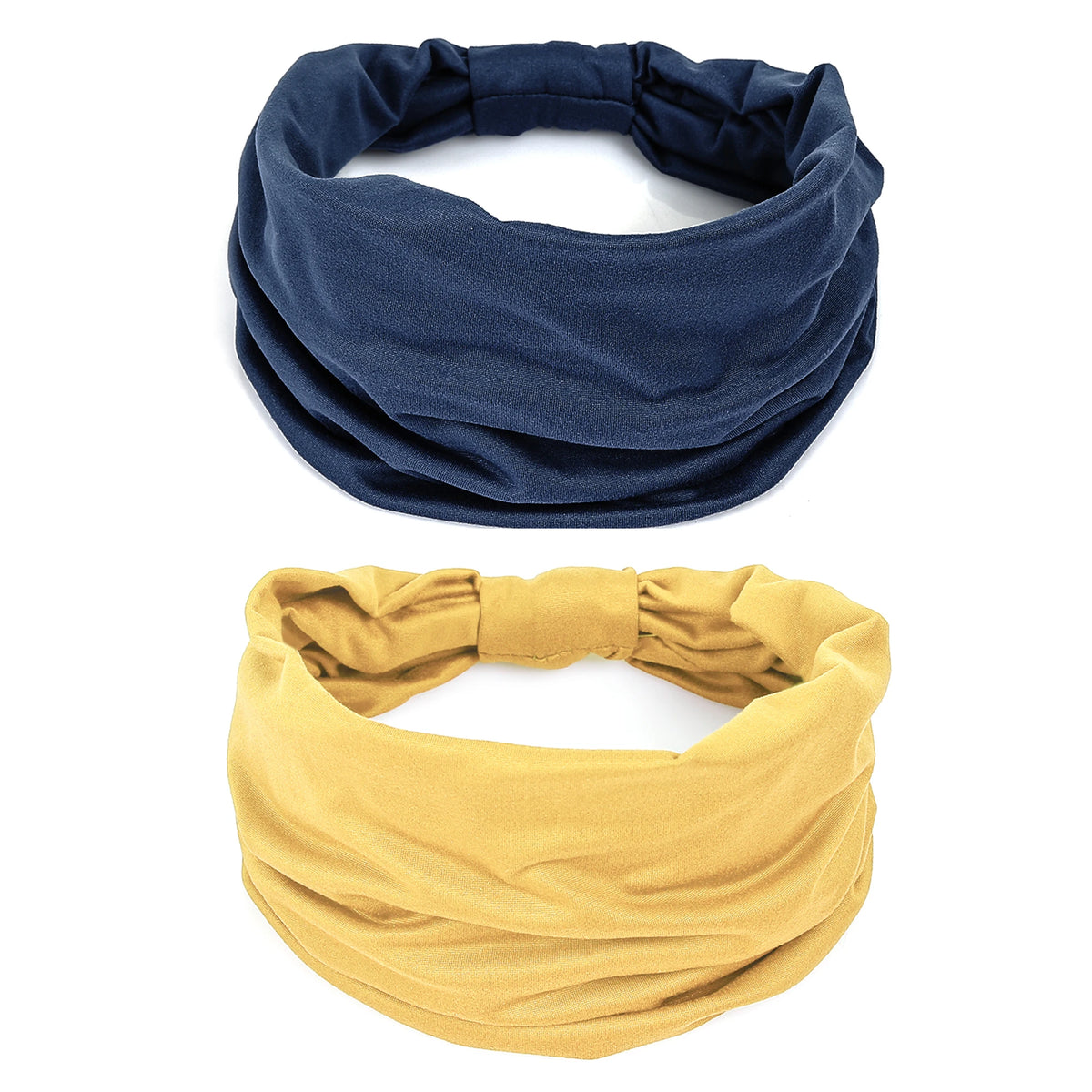 A pair of non-slip elastic headbands, one navy blue and one mustard yellow.