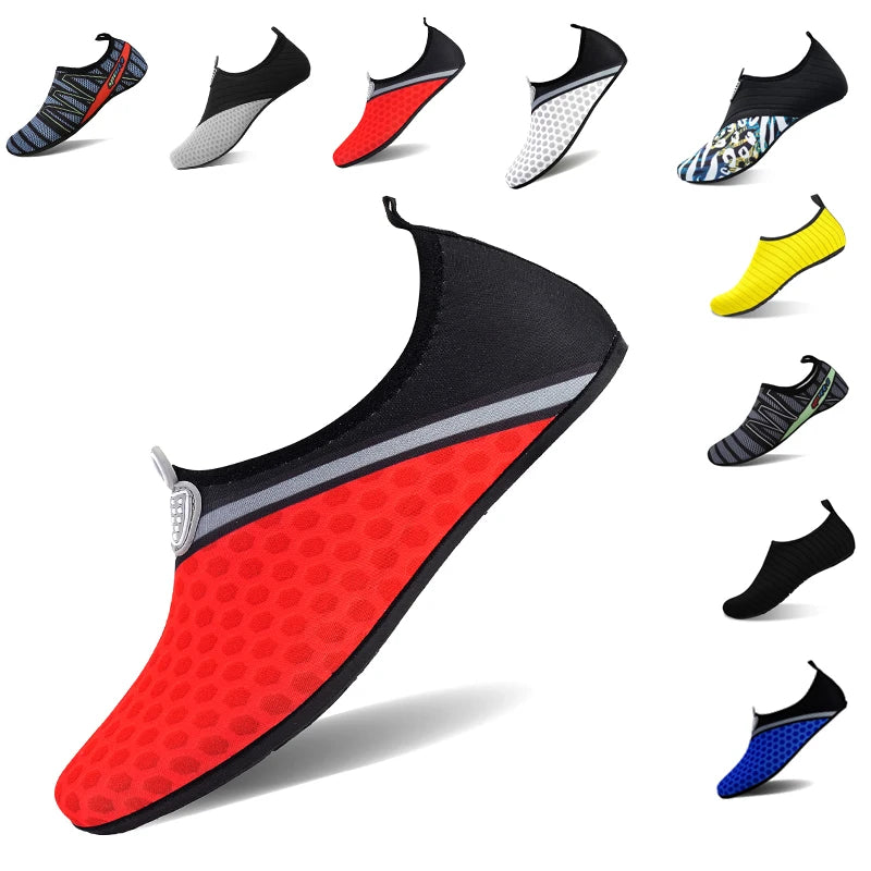 A collection of waterproof aqua socks in various colors and patterns displayed on a white background.