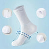 A white knee-high performance sock is shown with surrounding details illustrating its texture and fit.