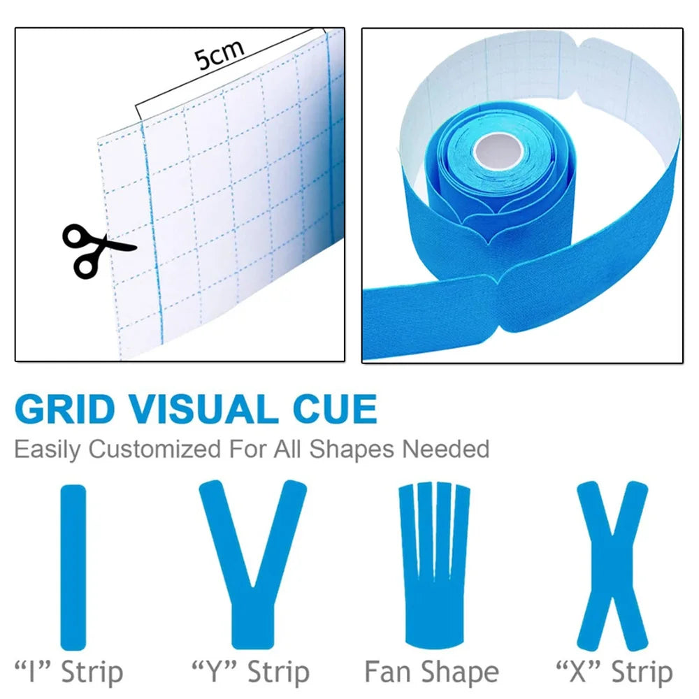 Roll of blue kinesiology tape showing various shapes including I, Y, Fan, and X strips