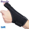 A black brace top wrist and thumb support is shown on a person's left hand.