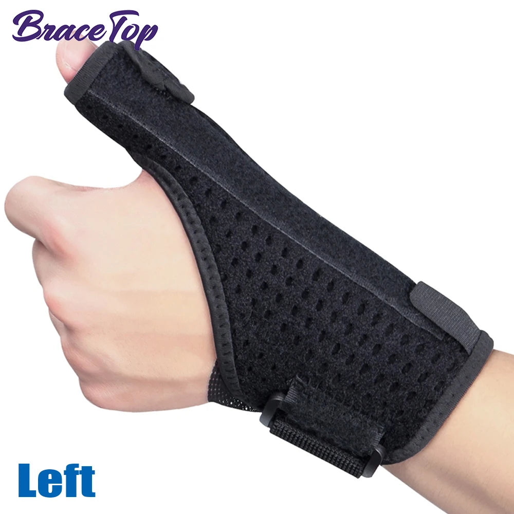 A black brace top wrist and thumb support is shown on a person's left hand.