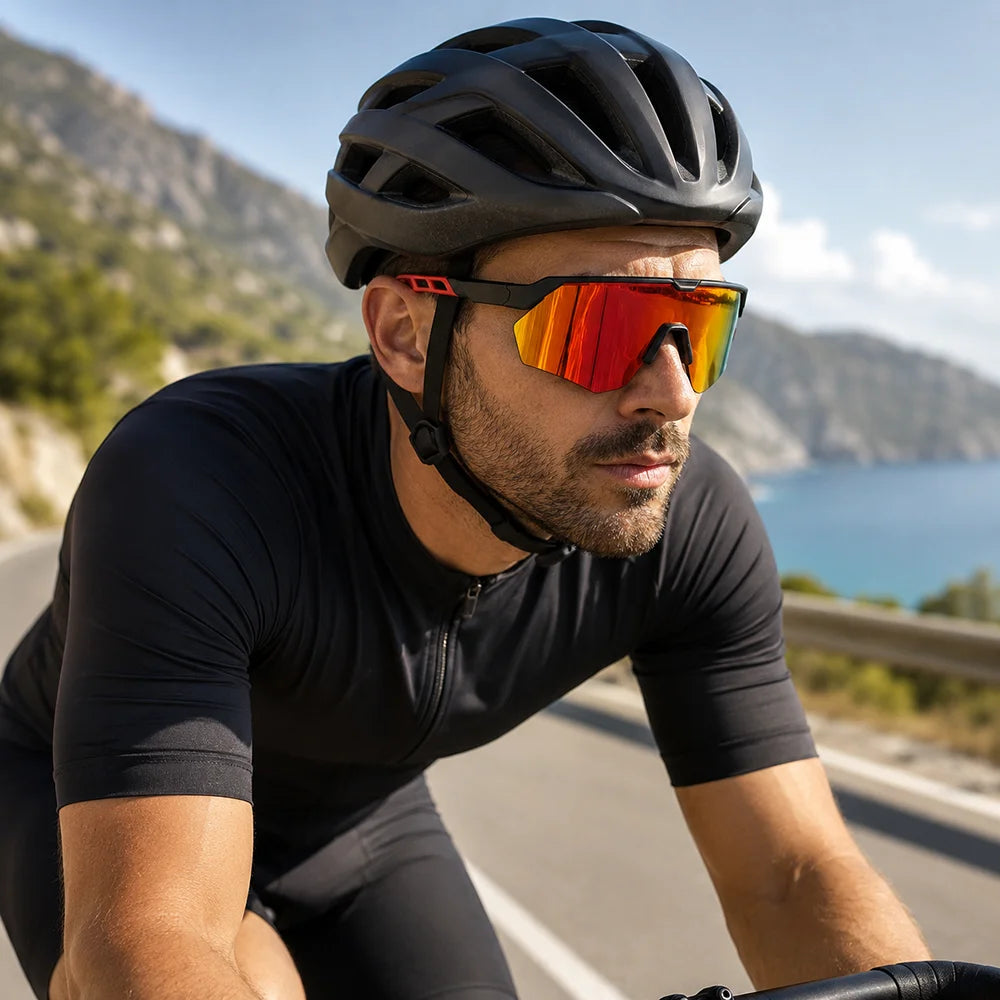 A man wearing black athletic clothing and orange polarized shield sunglasses is riding on a road overlooking the sea.