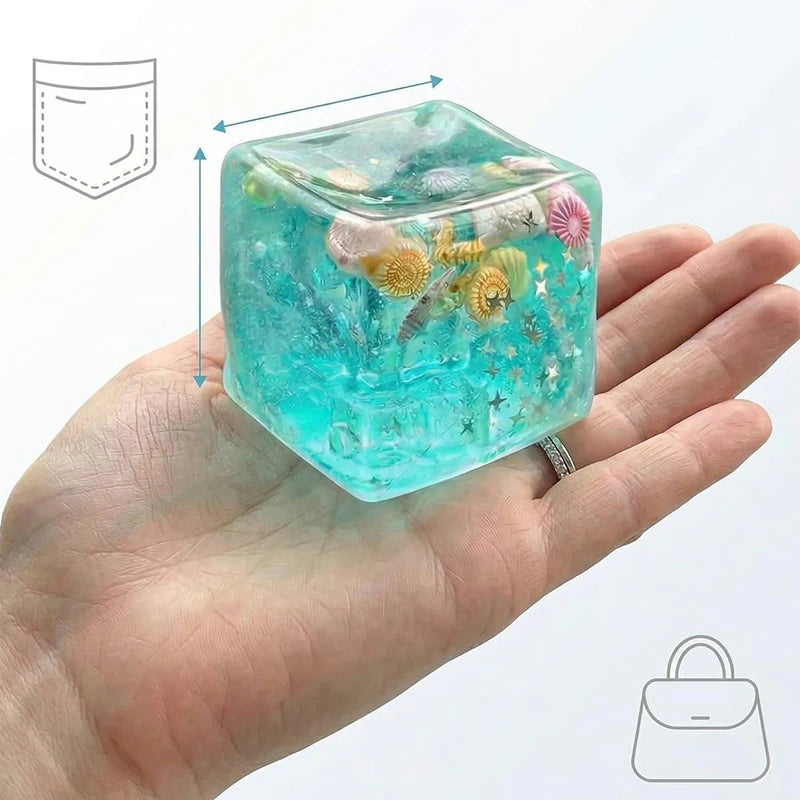 A hand holds a translucent blue fidget cube filled with glitter and small decorative elements.