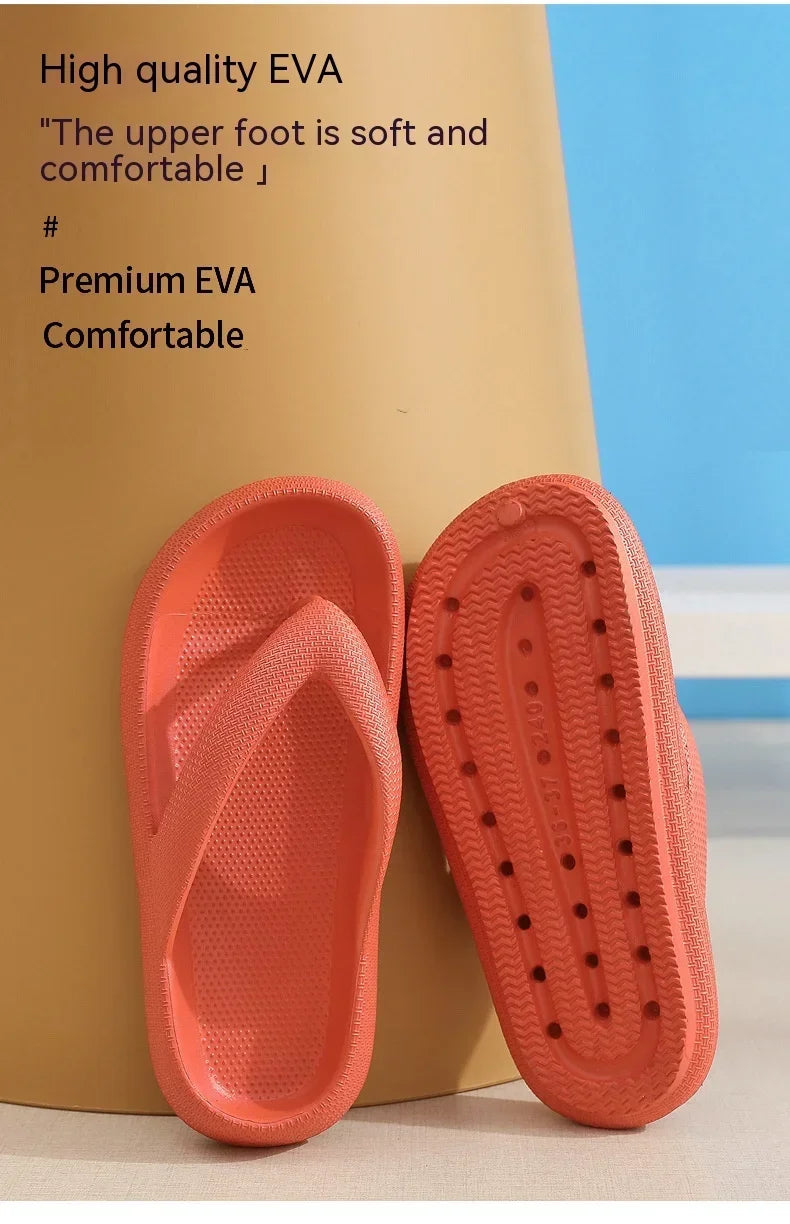 A pair of orange EVA flip flops shown next to a cardboard stand, highlighting the soft and comfortable upper foot.