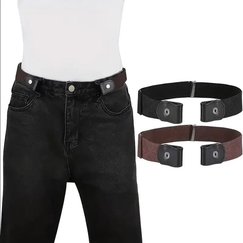 Black invisible stretch elastic belt for jeans and pants shown on a model and separately.