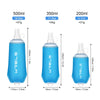 Three sizes of blue water bottles, 500ml, 350ml, and 200ml, shown with dimensions.