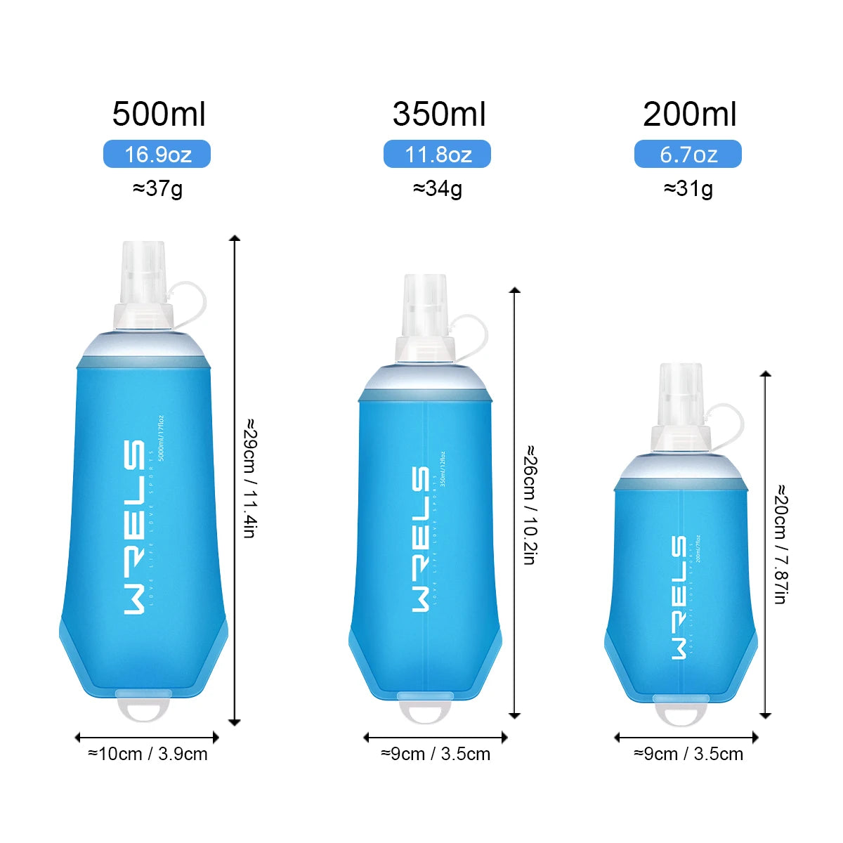 Three sizes of blue water bottles, 500ml, 350ml, and 200ml, shown with dimensions.