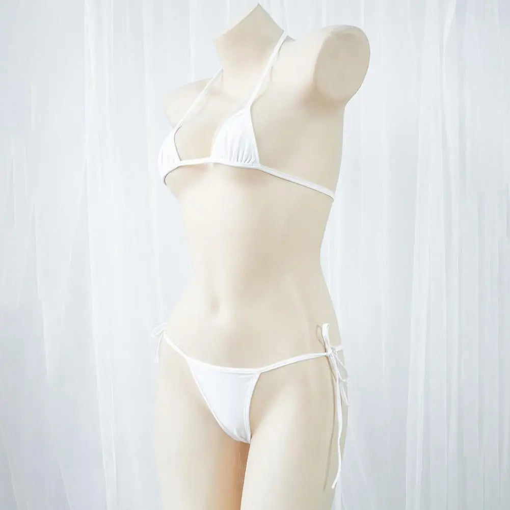 White halter neck two-piece triangle bikini set displayed on a mannequin