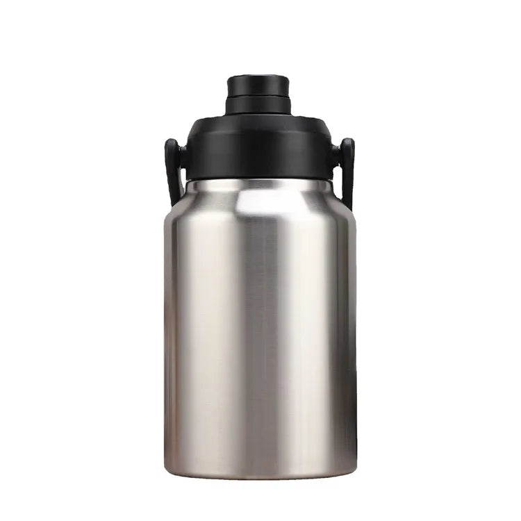 A silver insulated stainless steel thermos flask with a black lid and handles.