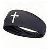 Black athletic sweat headband with a white cross design