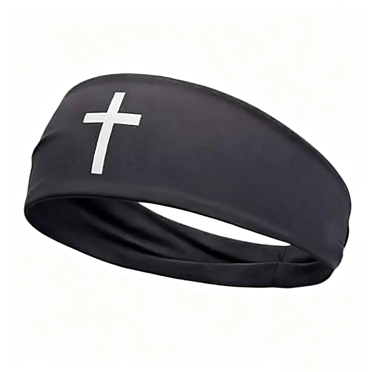Black athletic sweat headband with a white cross design