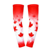 Red and white arm sleeves featuring maple leaf designs for sports and sun protection