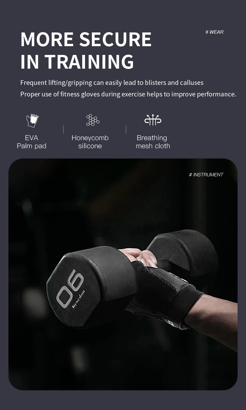 Eine Hand trägt schwarze Fahrradhandschuhe und hält ein Gewichthebeinstrument.