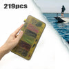 A hand holds a clear plastic case containing 219 fishing lures for freshwater and saltwater use.