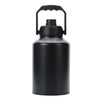 Black insulated stainless steel thermos flask with a hinged lid.