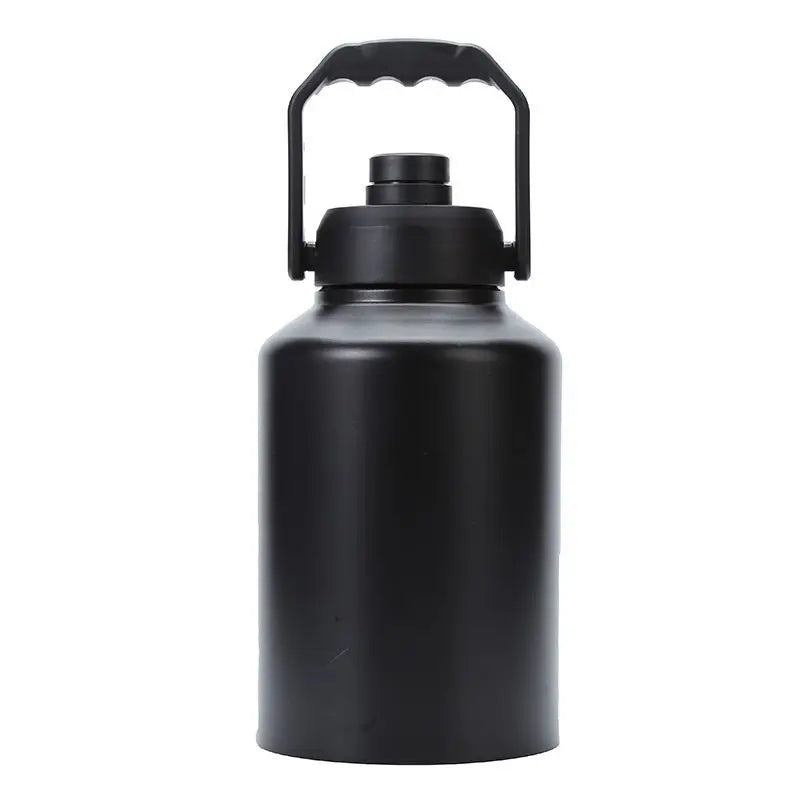 Black insulated stainless steel thermos flask with a hinged lid.