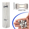 A white elastic compression bandage with silver fasteners and a hand showing multiple silver elastic fasteners.