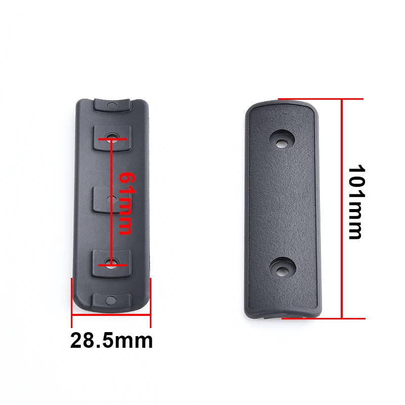 A black tactical rail panel kit for airsoft guns showing dimensions and mounting features.
