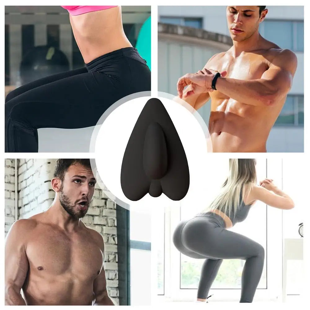 A collection of images showing a pelvic floor muscle trainer used for various body parts and exercises.