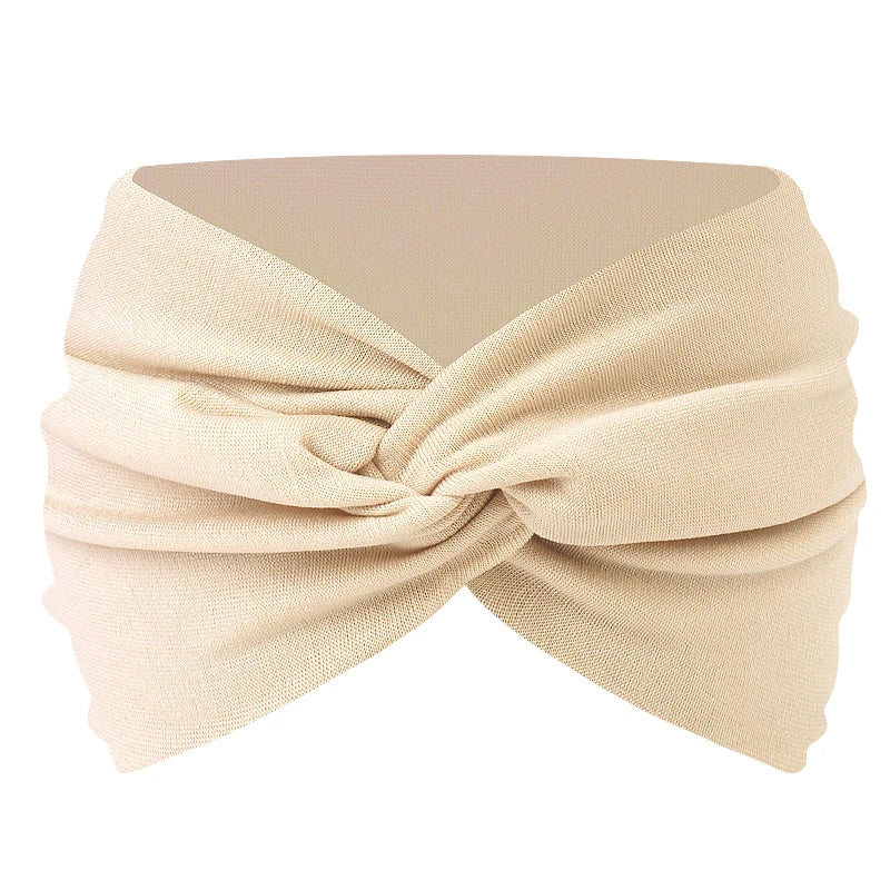 Beige twisted criss cross elastic headband for yoga and sports